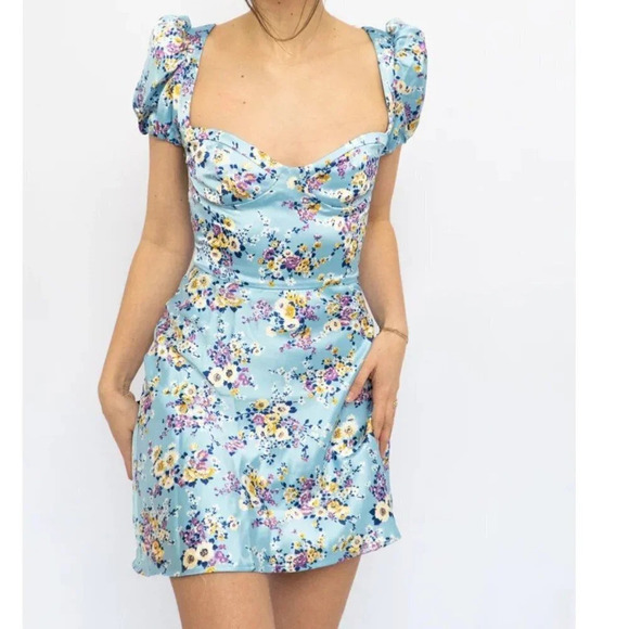 Zara Bustier Satin Effect Floral Mini Dress Puff Sleeve Sky Blue NWT Size Medium - Picture 8 of 13